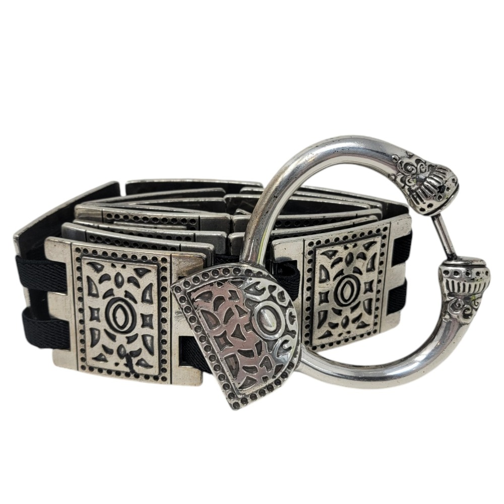 Vtg Silver Tone Belt Womens 2X Metal Squares Elastic Stretch Heavy Artsy Boho‎